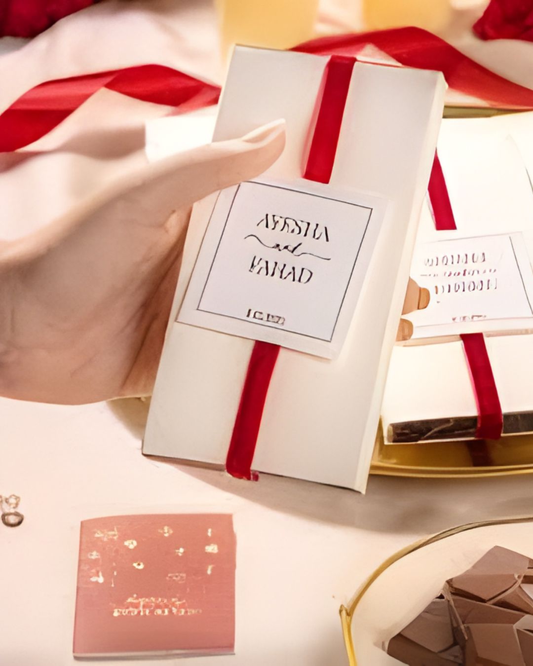 Elegant Gift-Wrapped Chocolate Bars with Red Ribbon Accent