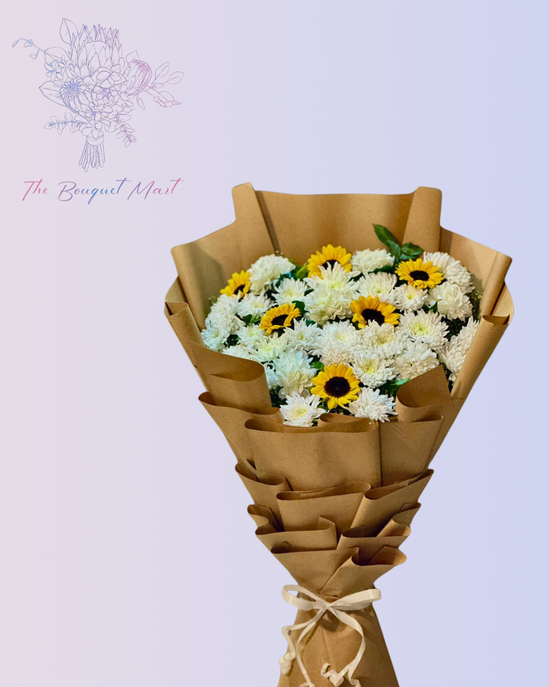 White Chrysanthemums with Sunflowers – Cheerful Bouquet