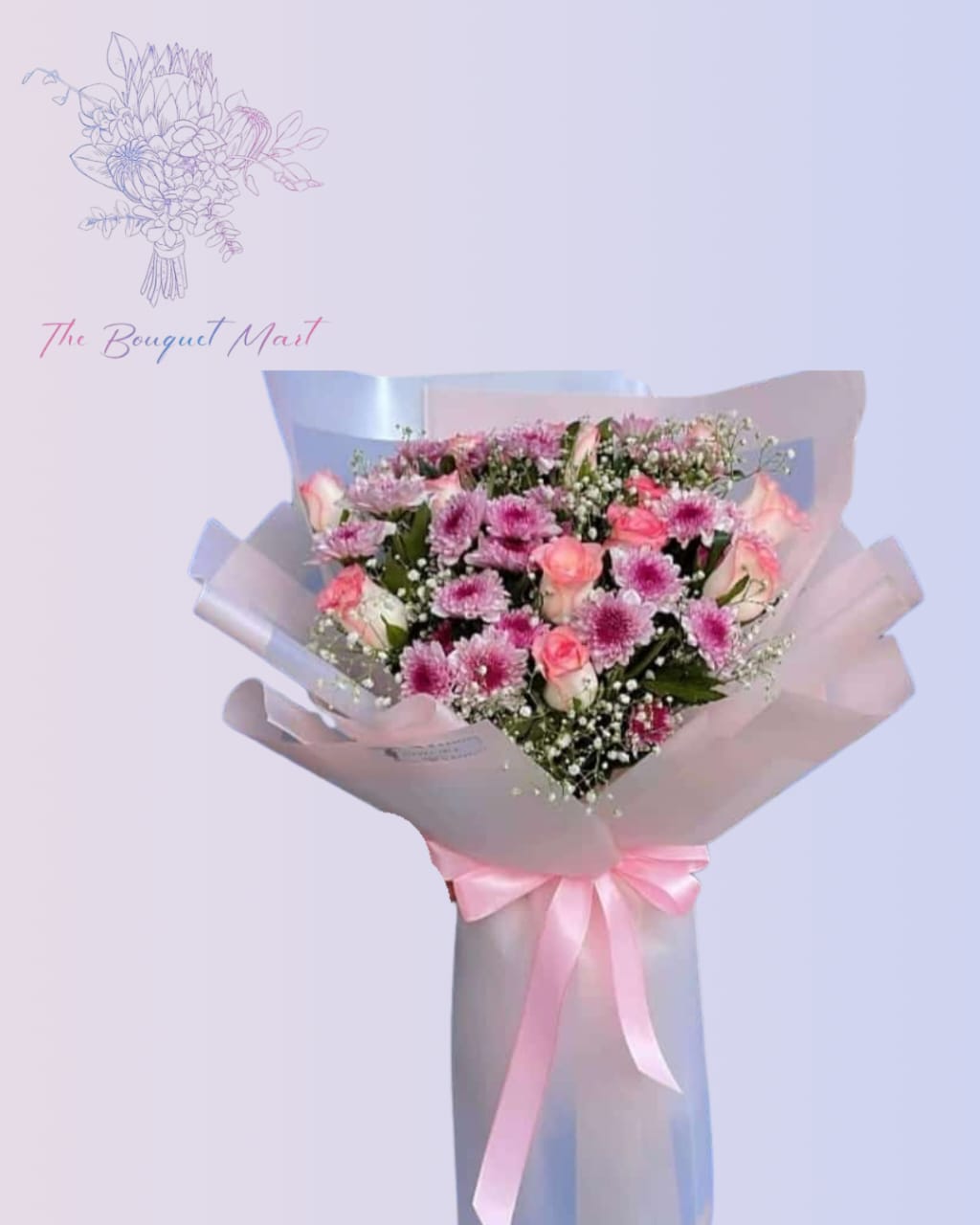 Luxury Pink Wrapped Bouquet – Roses, Chrysanthemum & Baby’s Breath
