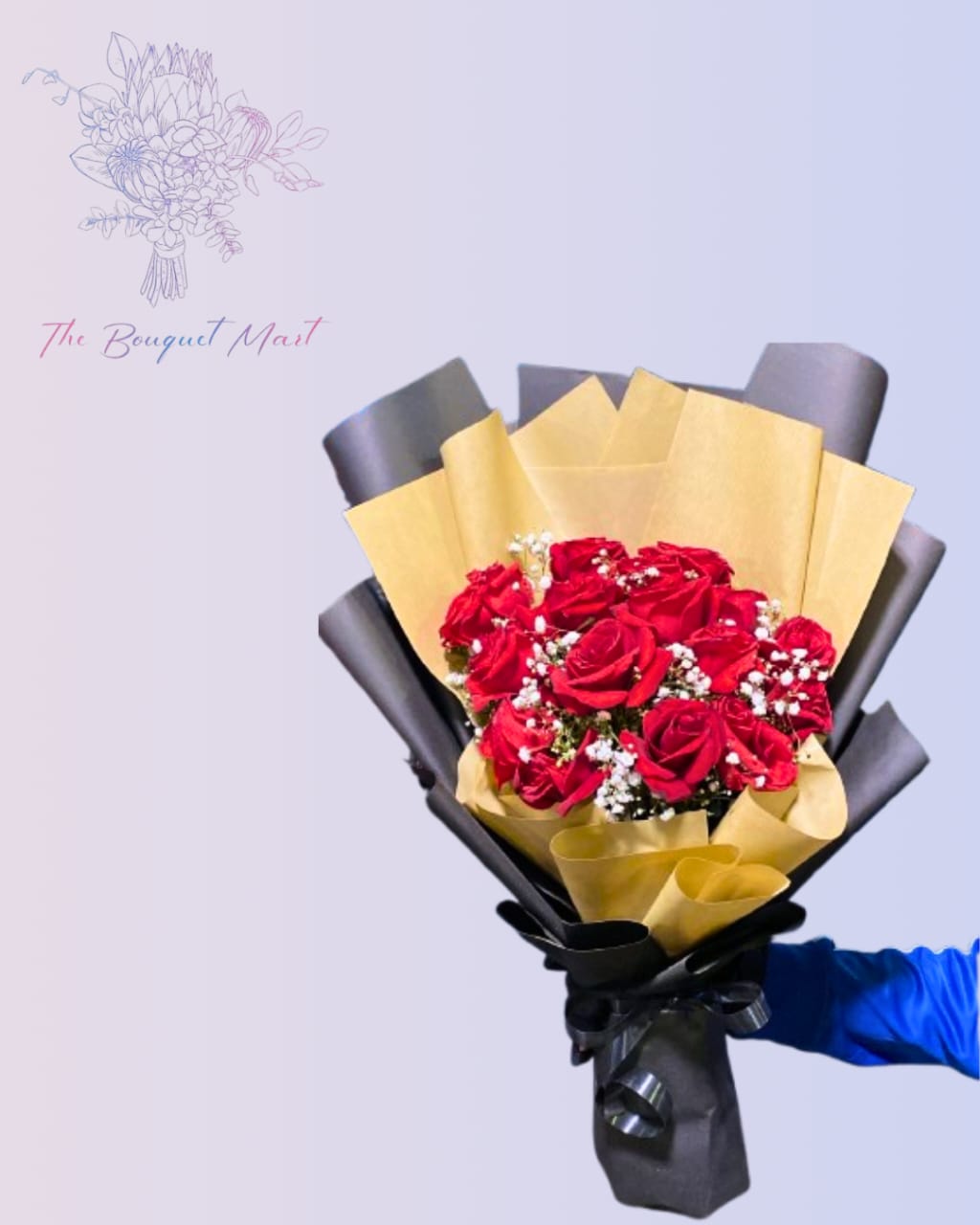 Royal Whisper – Red Roses & White Baby’s Breath Bouquet in Dual Tone Wrapping