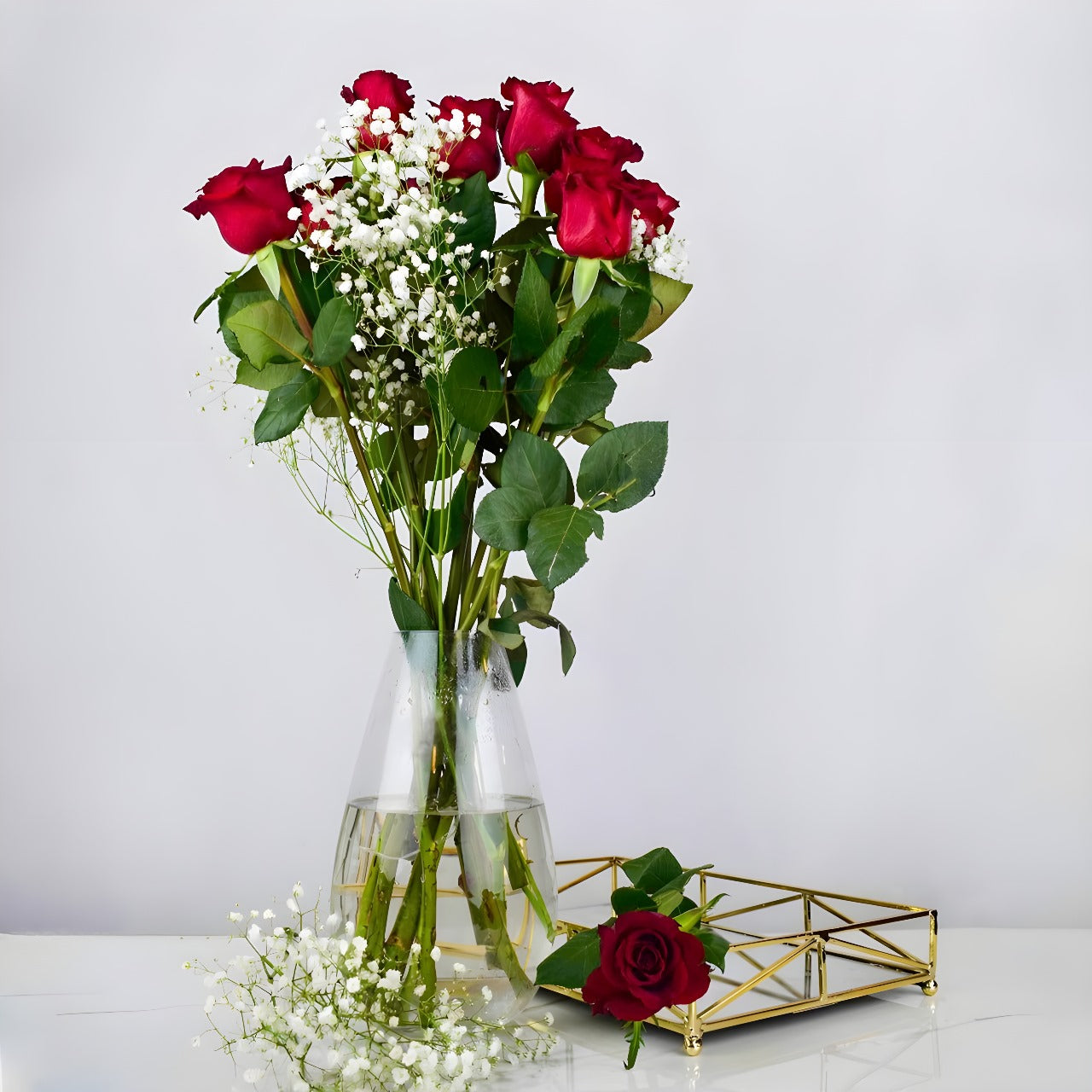 Red Roses with Baby’s Breath – Timeless Romance